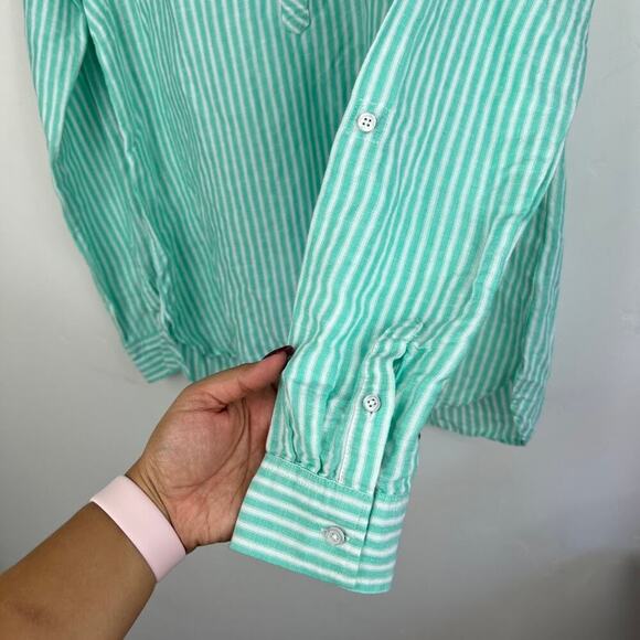 Talbots Green and white striped 1/2 button up Linen blend blouse size small - Picture 4 of 7